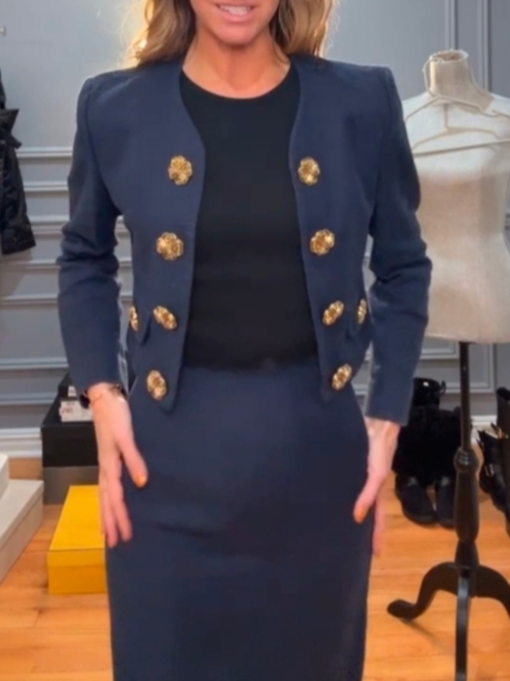 Moschino 90s Navy Blazer with Gold Navy Blazer And Skirt Set